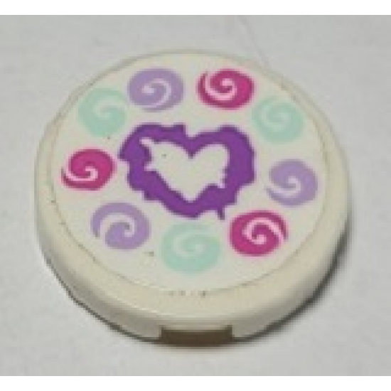 Tile, Round 2 x 2 with Bottom Stud Holder with Medium Lavender Heart and Dark Pink, Light Aqua and Lavender Swirls Pattern (Sticker) - Set 41336