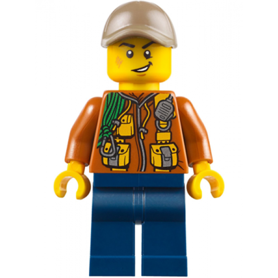 City Jungle Explorer - Dark Orange Jacket with Pouches, Dark Blue Legs, Dark Tan Cap with Hole, Cheek Scuff