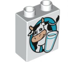 Duplo, Brick 1 x 2 x 2 with Cow and Glass of Milk Pattern
