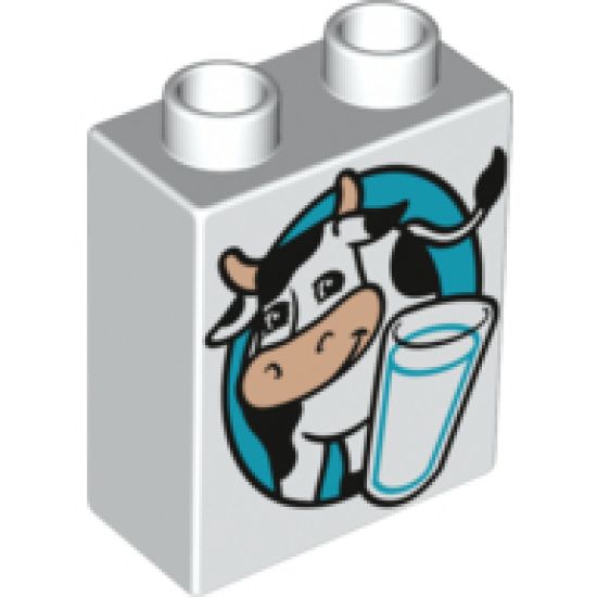 Duplo, Brick 1 x 2 x 2 with Cow and Glass of Milk Pattern