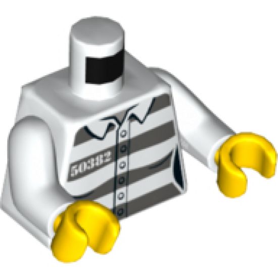 Torso Town Prisoner Female, Number 50382, Dark Bluish Gray Stripes, 6 Buttons Pattern / White Arms / Yellow Hands