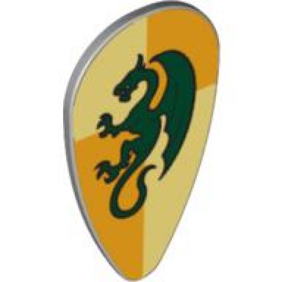 Minifigure, Shield Ovoid with Dragon Dark Green on Light Yellow and Ochre Quarters Background Pattern