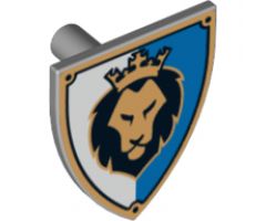 Minifigure, Shield Triangular  with Black and Gold Lion Head with Crown on Blue and White Background Pattern