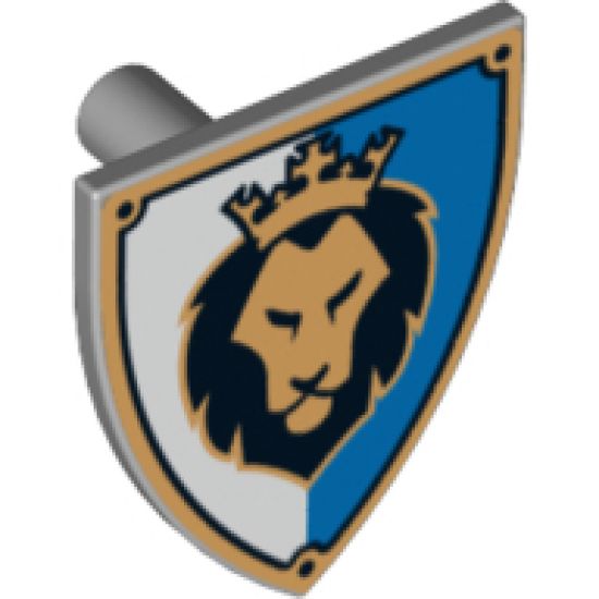 Minifigure, Shield Triangular  with Black and Gold Lion Head with Crown on Blue and White Background Pattern