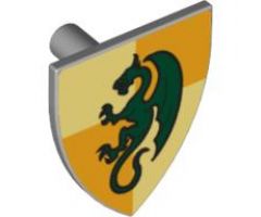 Minifigure, Shield Triangular with Dark Green Dragon on Bright Light Yellow and Ochre Quarters Background Pattern