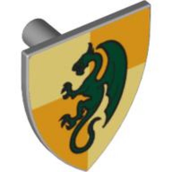 Minifigure, Shield Triangular  with Dark Green Dragon on Bright Light Yellow and Ochre Quarters Background Pattern