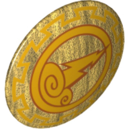 Minifigure, Shield Round with Rounded Front with Bright Light Orange Border, Storm Clouds with Lightning Pattern