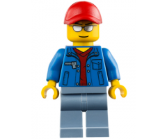 Blue Jacket over Dark Red V-Neck Sweater, Sand Blue Legs, Red Cap with Hole, Silver Sunglasses