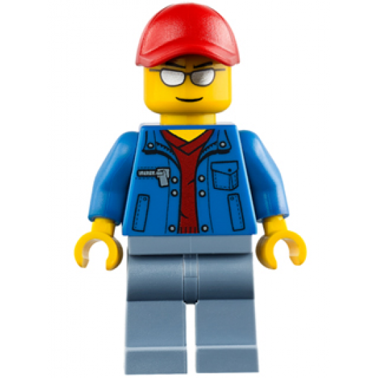 Blue Jacket over Dark Red V-Neck Sweater, Sand Blue Legs, Red Cap with Hole, Silver Sunglasses