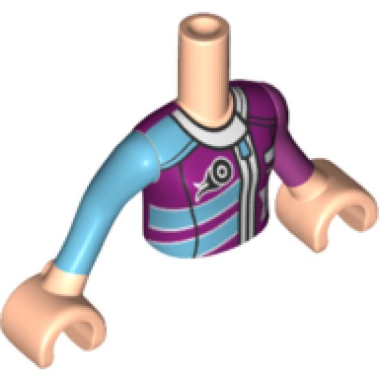 Mini Doll, Torso Friends Girl Magenta and Medium Azure Racing Jacket Pattern, Light Nougat Arms with Hands with Medium Azure Right Sleeve, Magenta Left Sleeve