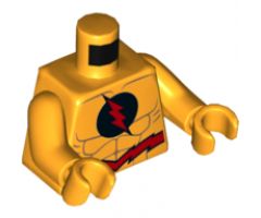 Torso Red Lightning Bolt in Black Circle, Jagged Red Belt Pattern / Bright Light Orange Arms / Bright Light Orange Hands