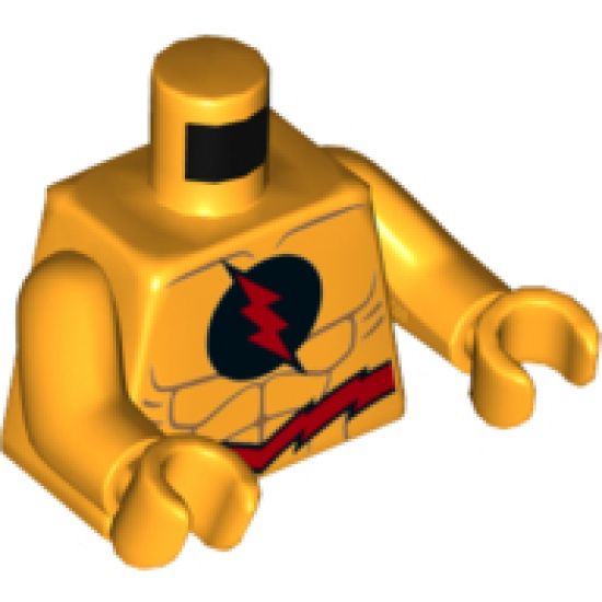 Torso Red Lightning Bolt in Black Circle, Jagged Red Belt Pattern / Bright Light Orange Arms / Bright Light Orange Hands