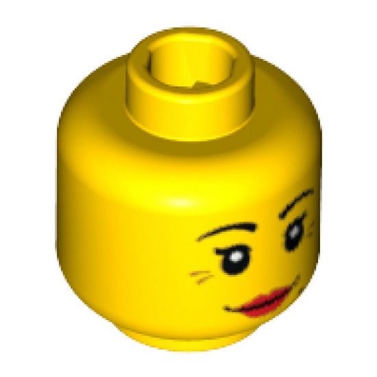 Minifigure, Head Dual Sided Female Red Lips, Crow's Feet and Beauty Mark, Smile / Annoyed Pattern - Blocked Open Stud