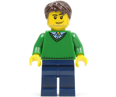 Green V-Neck Sweater, Dark Blue Legs, Dark Brown Short Tousled Hair, Smirk and Stubble Beard