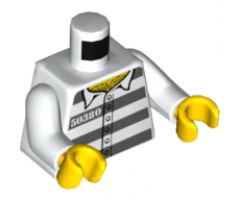 Torso Town Prisoner Number 50380, Dark Bluish Gray Stripes, 6 Buttons, Hairy Chest Pattern / White Arms / Yellow Hands