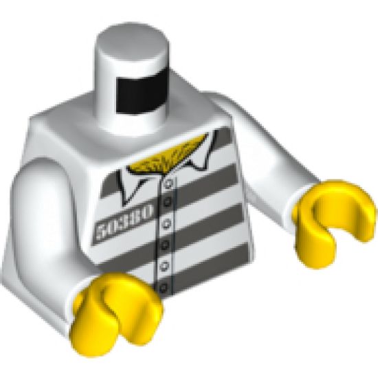 Torso Town Prisoner Number 50380, Dark Bluish Gray Stripes, 6 Buttons, Hairy Chest Pattern / White Arms / Yellow Hands