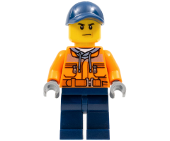 Construction Worker - Male, Orange Safety Jacket, Reflective Stripe, Sand Blue Hoodie, Dark Blue Legs, Dark Blue Cap with Hole, Scowl