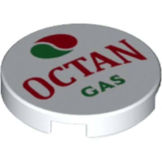 Tile, Round 2 x 2 with Bottom Stud Holder with Octan Logo and 'OCTAN GAS' Pattern