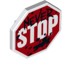Minifigure, Shield Octagonal with Stop Sign, Black 'NEVER' and Splotches Pattern