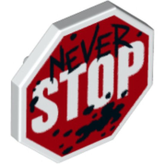 Minifigure, Shield Octagonal with Stop Sign, Black 'NEVER' and Splotches Pattern