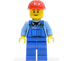 Overalls with Tools in Pocket Blue, Red Construction Helmet, Black Eyebrows, Thin Grin