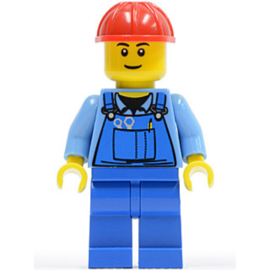 Overalls with Tools in Pocket Blue, Red Construction Helmet, Black Eyebrows, Thin Grin