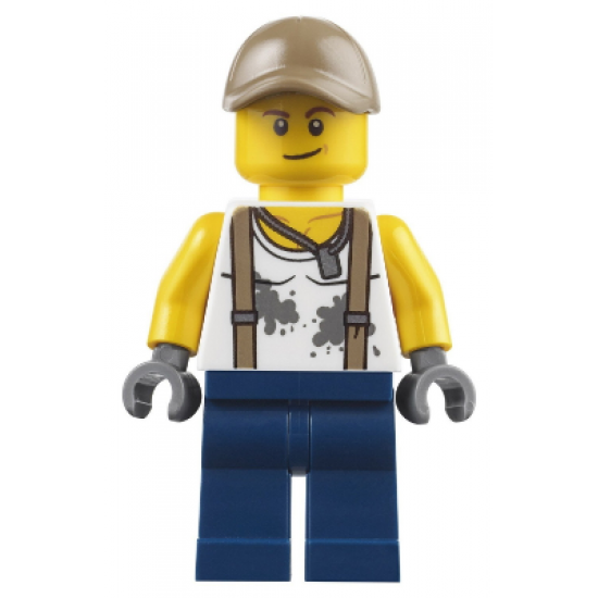 City Jungle Engineer - White Shirt with Suspenders and Dirt Stains, Dark Blue Legs, Dark Tan Cap with Hole, Smirk