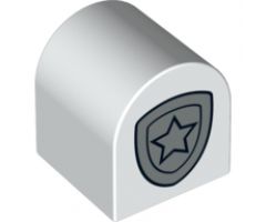 Duplo, Brick 2 x 2 x 2 Curved Top with Police Star Badge Metallic Silver Pattern