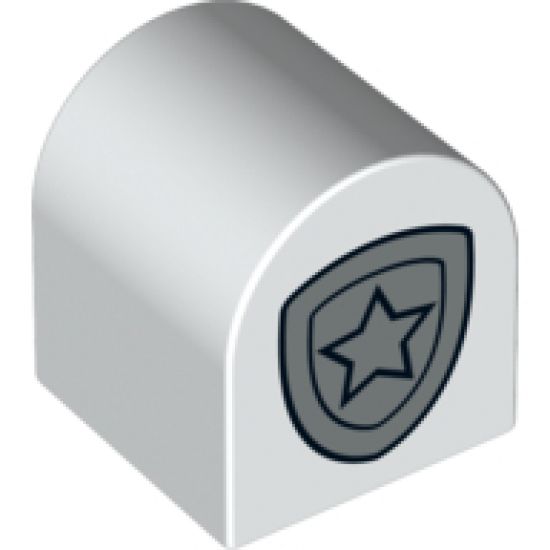 Duplo, Brick 2 x 2 x 2 Curved Top with Police Star Badge Metallic Silver Pattern