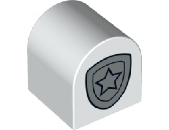 Duplo, Brick 2 x 2 x 2 Curved Top with Police Star Badge Metallic Silver Pattern
