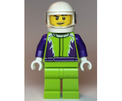 Monster Truck Driver, Lime Legs and Jacket with Purple Flames and Arms, White Helmet