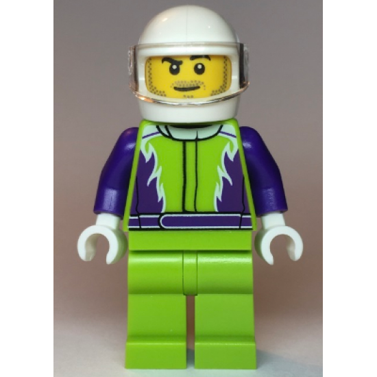 Monster Truck Driver, Lime Legs and Jacket with Purple Flames and Arms, White Helmet