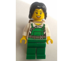 Police - City Bandit Female with Green Overalls, Black Mid-Length Tousled Hair, Backpack, Peach Lips Open Mouth Smile