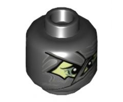 Minifigure, Head Alien with Dark Bluish Gray Mummy Wraps, Yellowish Green Face and Black Shadowed Eyes Pattern - Hollow Stud
