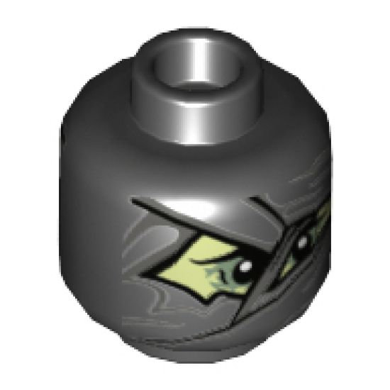 Minifigure, Head Alien with Dark Bluish Gray Mummy Wraps, Yellowish Green Face and Black Shadowed Eyes Pattern - Hollow Stud