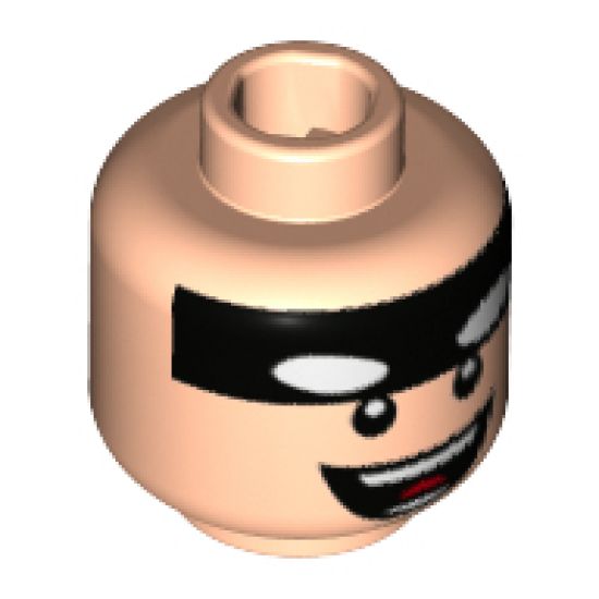 Minifigure, Head Black Headband with White Batman Eyes, Open Mouth Smile Pattern - Hollow Stud