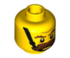 Minifigure, Head Moustache Brown Bushy, Brown Eyebrows, Chin Strap, Angry Pattern - Hollow Stud