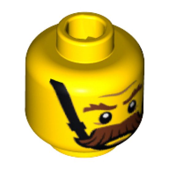 Minifigure, Head Moustache Brown Bushy, Brown Eyebrows, Chin Strap, Angry Pattern - Hollow Stud