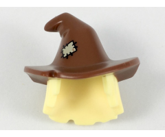 Minifigure, Hair Combo, Hair with Hat, Mid-Length Scraggly with Reddish Brown Floppy Witch Hat with Tan Patch Pattern