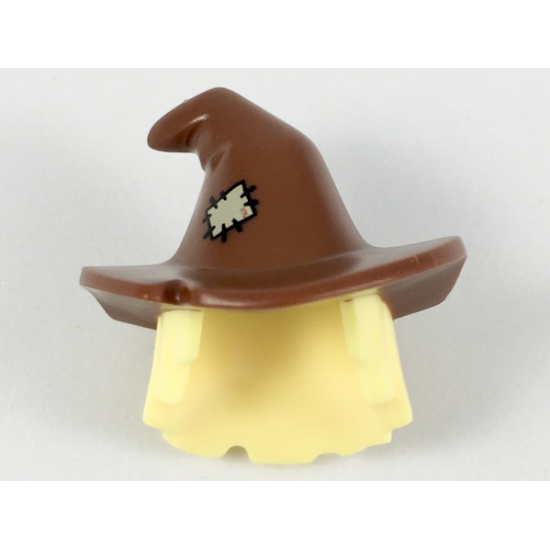 Minifigure, Hair Combo, Hair with Hat, Mid-Length Scraggly with Reddish Brown Floppy Witch Hat with Tan Patch Pattern
