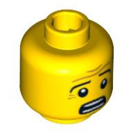 Minifigure, Head Black Eyebrows, White Pupils, Wrinkles, Scared Look, Open Mouth with Teeth Pattern - Blocked Open Stud