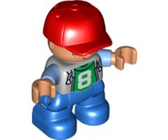 Duplo Figure Lego Ville, Child Boy, Blue Legs, Light Bluish Gray Top with Number 8, Medium Blue Arms, Red Cap, Freckles