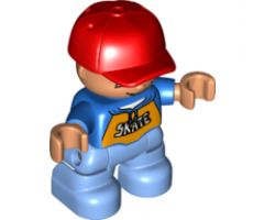 Duplo Figure Lego Ville, Child Boy, Medium Blue Legs, Blue Top with 'SKATE' Pattern, Red Cap