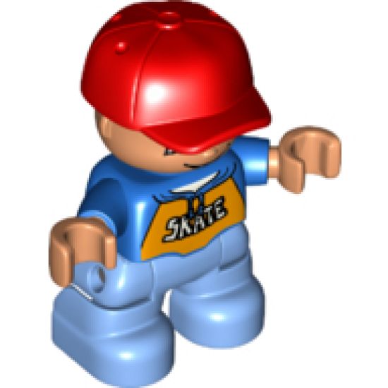 Duplo Figure Lego Ville, Child Boy, Medium Blue Legs, Blue Top with 'SKATE' Pattern, Red Cap