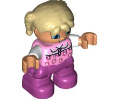 Duplo Figure Lego Ville, Child Girl, Magenta Legs, Bright Pink Top with Flowers, White Arms, Tan Hair with Braids