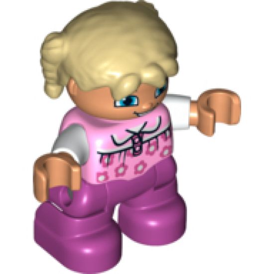 Duplo Figure Lego Ville, Child Girl, Magenta Legs, Bright Pink Top with Flowers, White Arms, Tan Hair with Braids