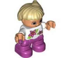 Duplo Figure Lego Ville, Child Girl, Magenta Legs, White Top with Two Flowers, White Arms, Tan Hair