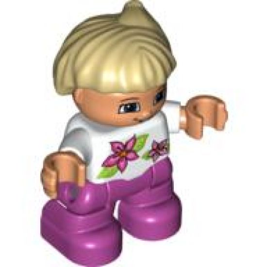 Duplo Figure Lego Ville, Child Girl, Magenta Legs, White Top with Two Flowers, White Arms, Tan Hair