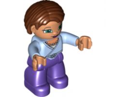 Duplo Figure Lego Ville, Female, Dark Purple Legs, Light Violet Wrap Top with Necklace, Nougat Hands, Reddish Brown Hair, Green Eyes