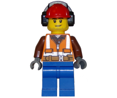 Forester - Male, Orange Safety Vest, Reflective Stripes, Reddish Brown Shirt, Blue Legs, Red Construction Helmet with Black Headphones, Stubble